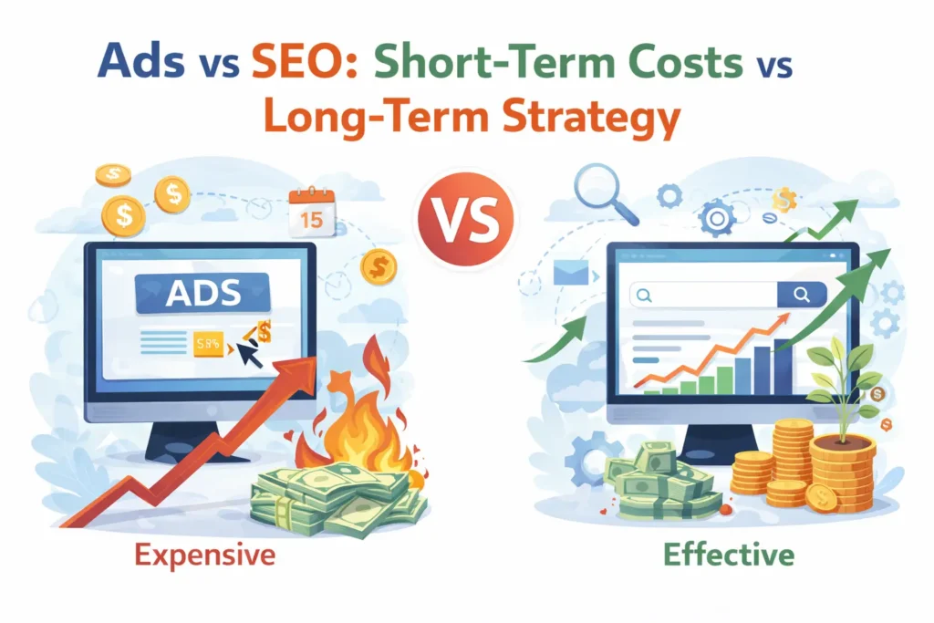 Ads vs SEO in digital marketing showing short term cost vs long term growth