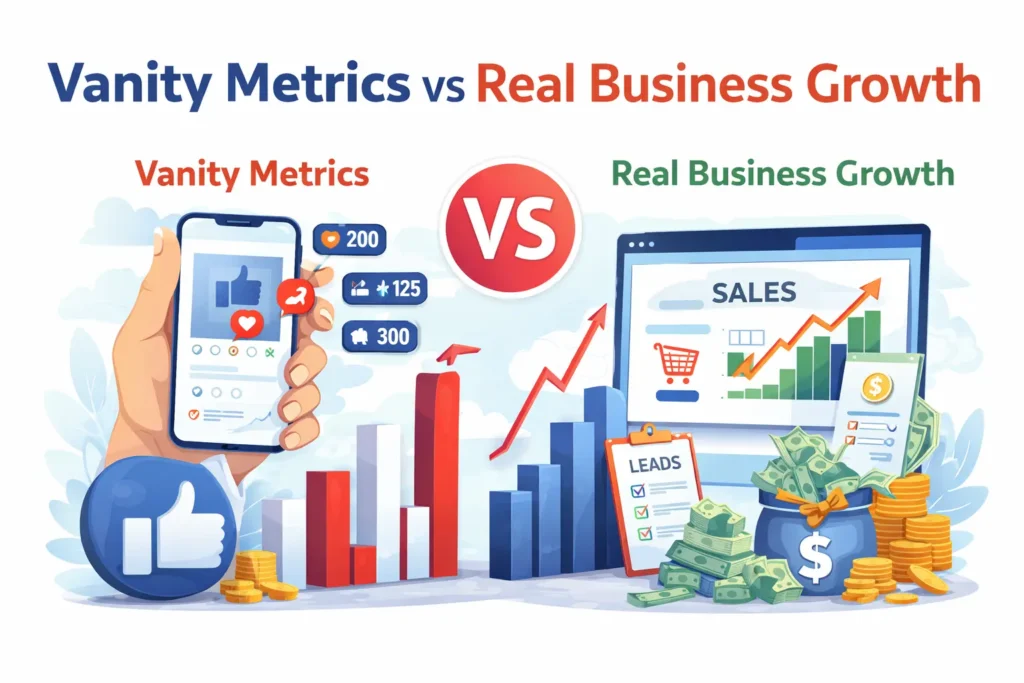 Vanity metrics vs real business growth in digital marketing showing leads and sales impact