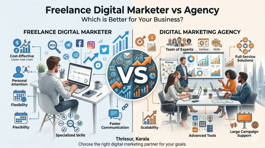 best digital marketer in thrissur freelancer vs agency infographic