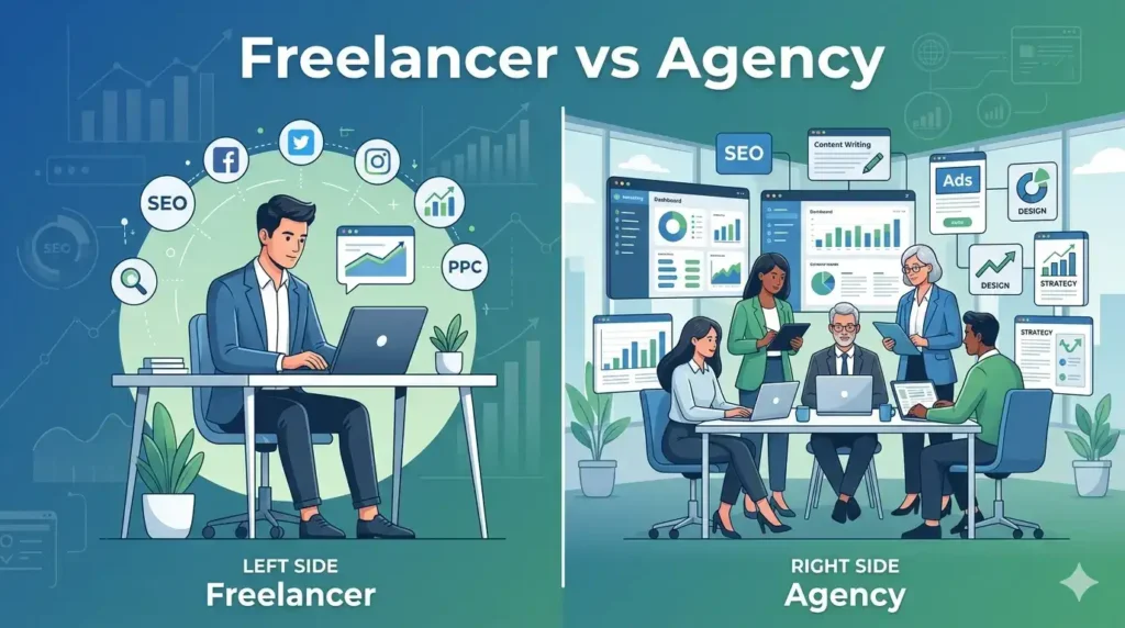 Freelancer vs agency comparison in digital marketing showing cost, skills, and flexibility in Thrissur